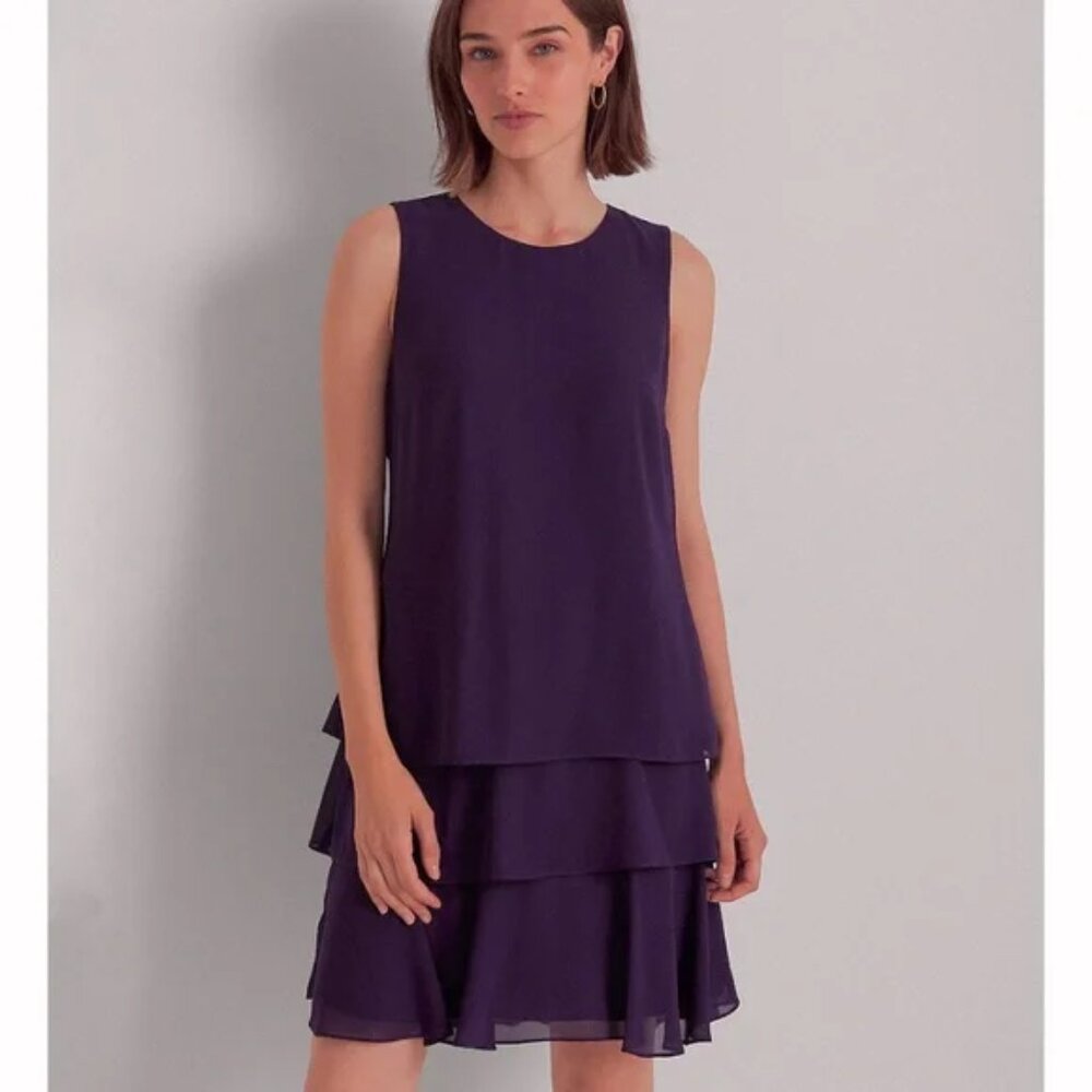 Lauren Ralph Lauren Crinkle Georgette Tiered Shift Dress, Purple, 0 (MSRP $135)
